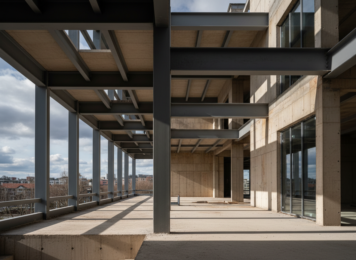 Sophisticated architectural construction site photograph, a modern building under construction with exposed steel framework and concrete forms, dramatic natural light, clean lines, muted charcoal and warm neutral tones, professional architecture photography, no people, high-end editorial aesthetic