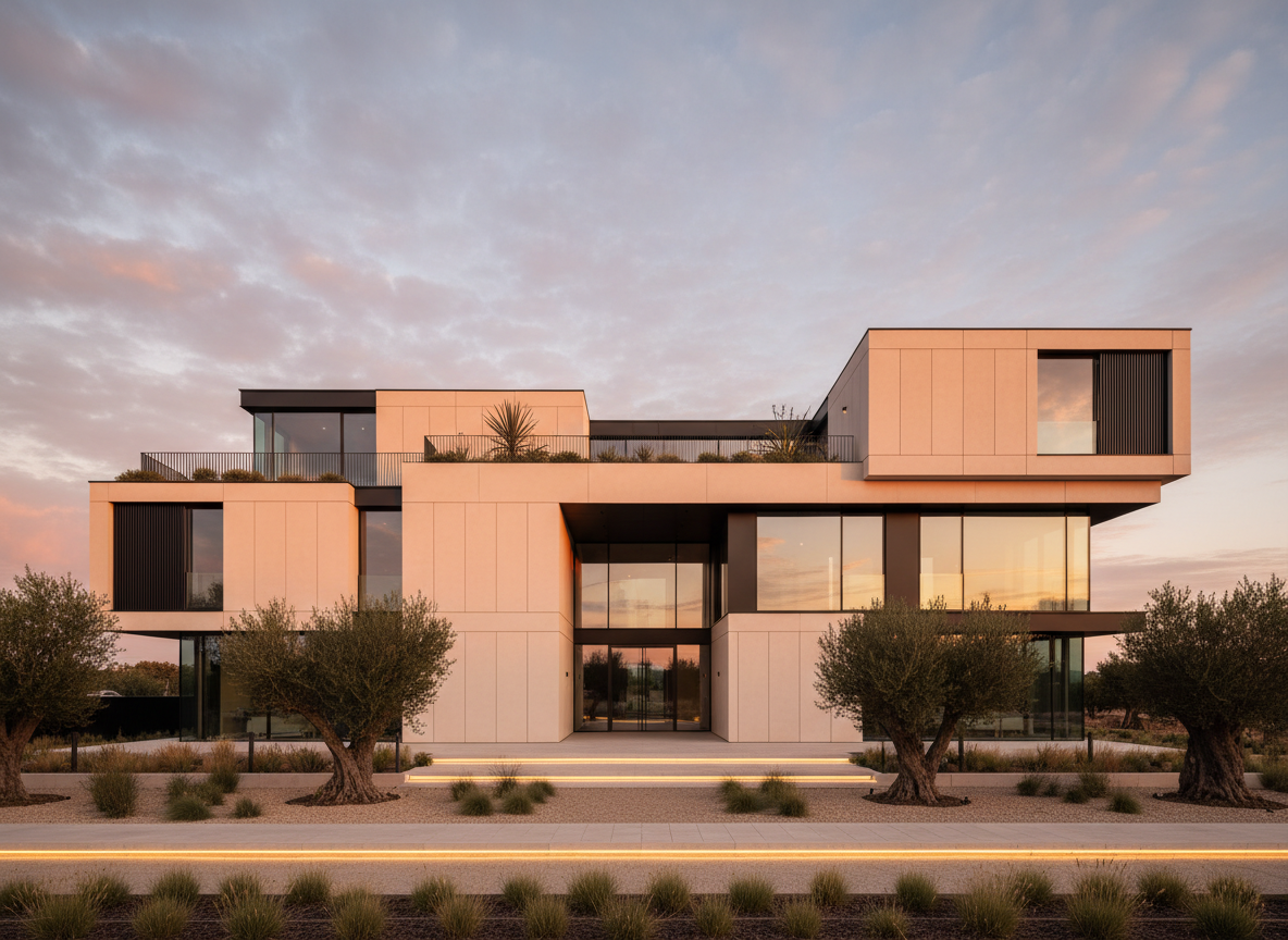 Sophisticated wide exterior of a completed modern architectural development, clean minimalist facade with strong geometric lines, warm off-white concrete and dark accents, golden hour light, premium real estate architecture photography, no people