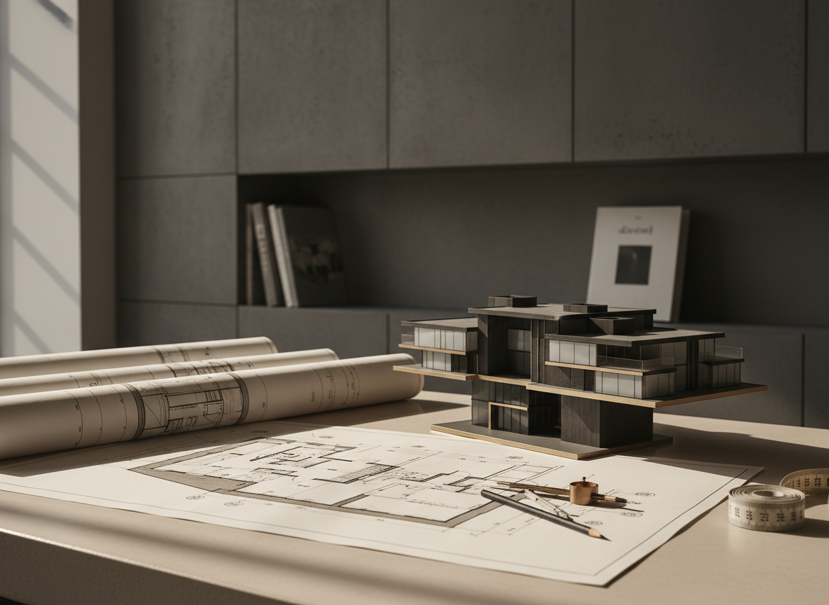 Elegant architectural design studio detail, precise blueprint drawings and physical scale model of a modern building on a warm off-white desk, soft directional lighting, minimal refined composition, muted bronze and charcoal palette, sophisticated architecture photography
